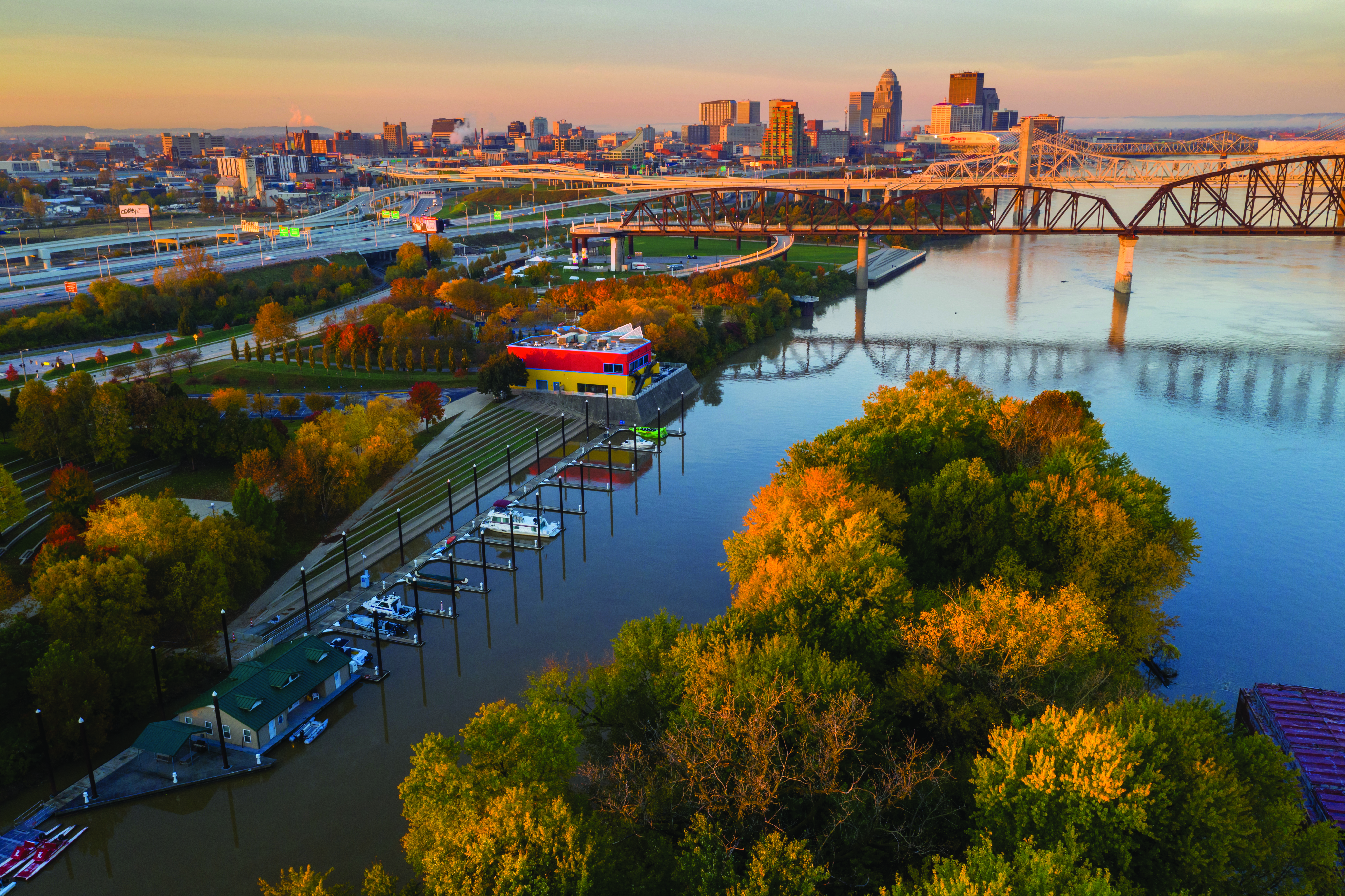 Louisville Waterfront Park Fall skyline bridge boats